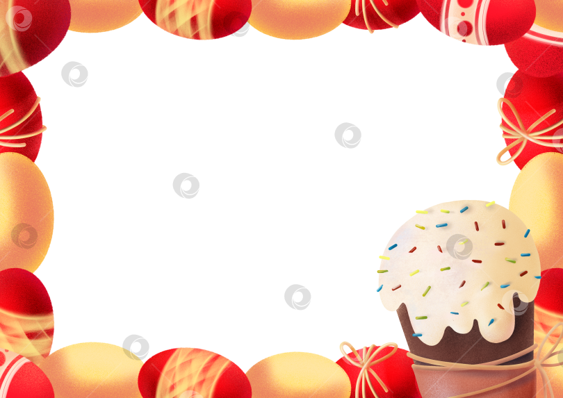 Скачать Праздничная пасхальная рамка с крашеными яйцами, элементами декоративной ленты и сладким пирогом с глазурью создает праздничную рамку, подходящую для поздравительных открыток, плакатов, приглашений и шаблонов для весенних праздников. фотосток Ozero