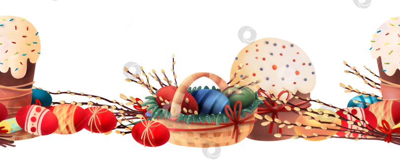 Скачать Горизонтальный пасхальный бордюр с праздничными куличками, разноцветными яйцами и ветками вербы, расположенными декоративным рядом на белом фоне. Подходит для открыток, приглашений и сезонных праздничных композиций. фотосток Ozero