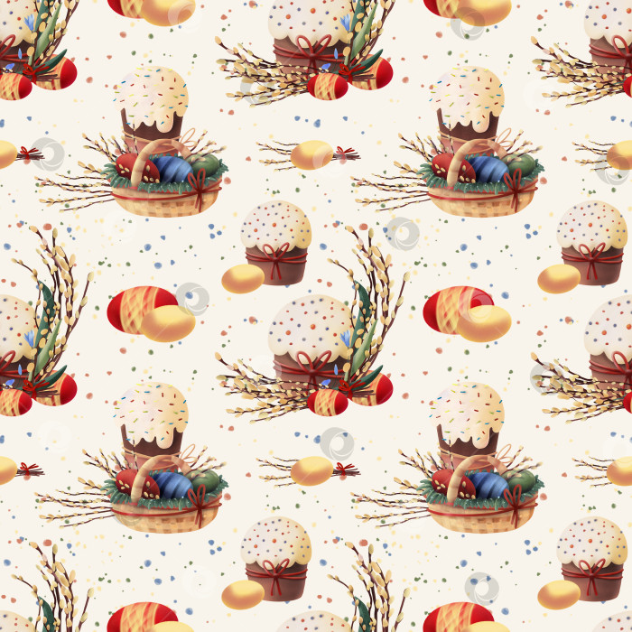 Скачать Пасхальный узор с куличами, крашеными яйцами и ветками вербы, расположенными в повторяющемся порядке на светлом фоне, подходит для оберточной бумаги, текстильных принтов, праздничного декора и весенних праздничных проектов. фотосток Ozero