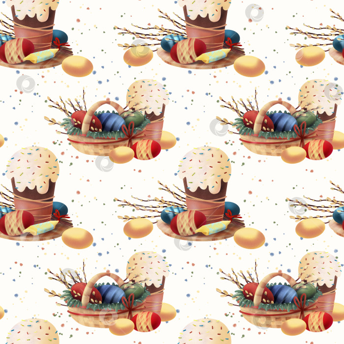 Скачать Бесшовный пасхальный узор с куличами, крашеными яйцами, ветками вербы и праздничными деталями на светлом фоне подходит для праздничной упаковки, ткани, оберточной бумаги, цифрового дизайна и сезонного декора фотосток Ozero