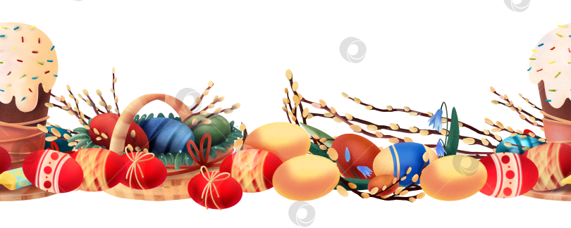 Скачать Горизонтальный пасхальный бордюр с праздничными куличками, яркими яйцами и ветками вербы, расположенными декоративной линией на белом фоне, подходит для поздравительных открыток, приглашений и оформления сезонных праздников. фотосток Ozero
