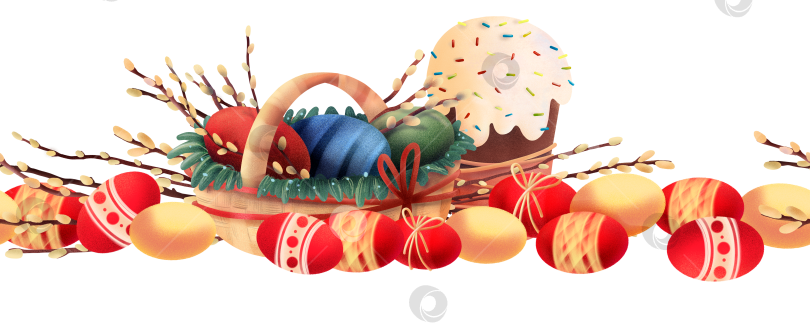 Скачать Праздничный пасхальный бордюр с крашеными яйцами, куличом и ветками вербы, расположенными горизонтально на белом фоне. Подходит для открыток, баннеров, сезонных шаблонов и праздничных макетов. фотосток Ozero