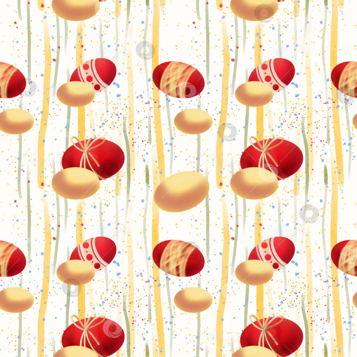Скачать Бесшовный узор с красными и желтыми пасхальными яйцами, вертикальными декоративными штрихами и мягкими красочными вкраплениями на белом фоне подходит для сезонной упаковки, открыток и текстиля. фотосток Ozero