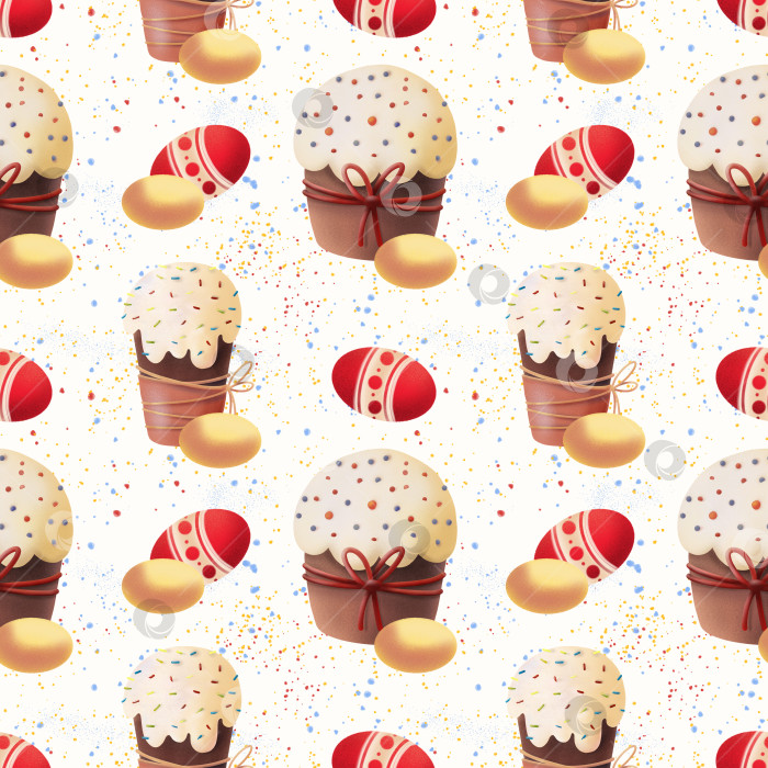 Скачать Бесшовный праздничный узор с пасхальными куличками, крашеными яйцами и разноцветным конфетти на белом фоне подходит для оберточной бумаги, текстиля, поздравительных открыток и праздничного оформления фотосток Ozero