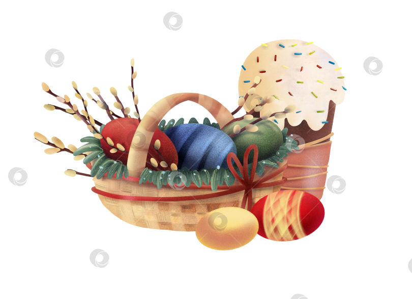 Скачать Пасхальная корзина с разноцветными яйцами, весенними ветками вербы и традиционным пирогом на светлом фоне. Сезонный элемент, подходящий для праздничных открыток, наклеек, шаблонов и праздничных декоративных проектов. фотосток Ozero