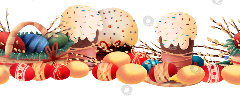 Скачать Горизонтальный пасхальный бордюр с украшенными куличами, разноцветными яйцами и веточками вербы, расположенными в праздничный ряд на белом фоне. Подходит для открыток, приглашений и оформления сезонных праздников. фотосток Ozero