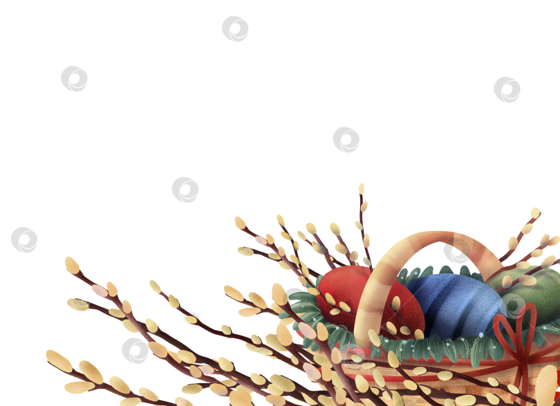Скачать Пасхальная корзина с разноцветными яйцами и весенними ветками ивы на светлом фоне. Подходит для праздничных открыток, наклеек, шаблонов, сезонных дизайнов и праздничных декоративных проектов. фотосток Ozero