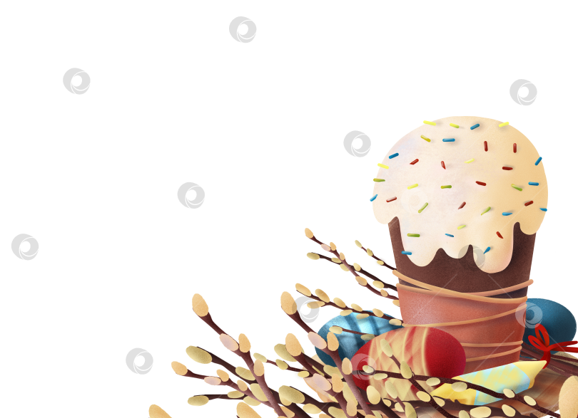 Скачать Пасхальный кулич с глазурью, крашеными яйцами и ветками вербы на белом фоне. Подходит для праздничных открыток, весенних шаблонов, сезонной графики, праздничных наклеек и декоративных дизайнерских проектов. фотосток Ozero