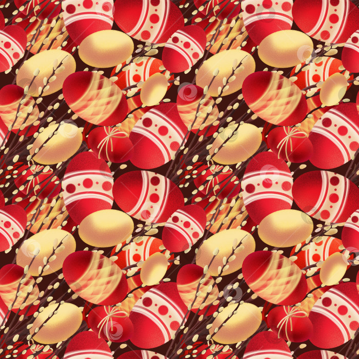 Скачать Бесшовный пасхальный узор с декоративными яйцами, золотистыми бликами и веточками вербы на темном фоне подходит для оберточной бумаги, текстильных принтов, праздничной упаковки и сезонных дизайнерских проектов. фотосток Ozero