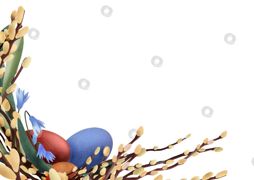 Скачать Украшение пасхального уголка крашеными яйцами, ветками вербы и весенними цветами в легкой праздничной композиции на белом фоне. Подходит для открыток, шаблонов и сезонных праздничных макетов. фотосток Ozero