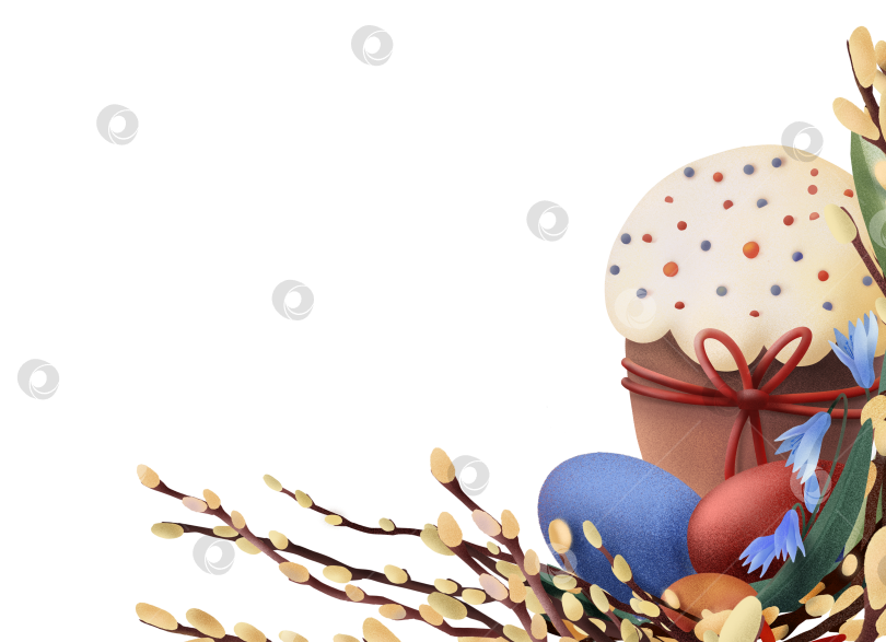 Скачать Пасхальный кулич, разноцветные яйца и ветки вербы образуют праздничную весеннюю композицию на белом фоне. Подходит для поздравительных открыток, сезонных макетов, декоративных шаблонов фотосток Ozero