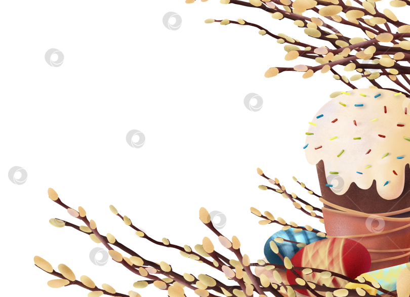 Скачать Пасхальный кулич, крашеные яйца и ветки ивы на белом фоне образуют праздничную рамку в углу. Подходит для праздничных открыток, весенних макетов, сезонных шаблонов и проектов декоративного дизайна. фотосток Ozero