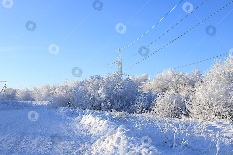 Скачать Зимний пейзаж Центральной России.Сказочно красивые деревья в толстом слое инея и снега в сильный мороз вдоль дороги.Красивая зимняя пригласительная открытка для туристов.Прелесть холодного времени года для путешествий в экстремальных условиях фотосток Ozero