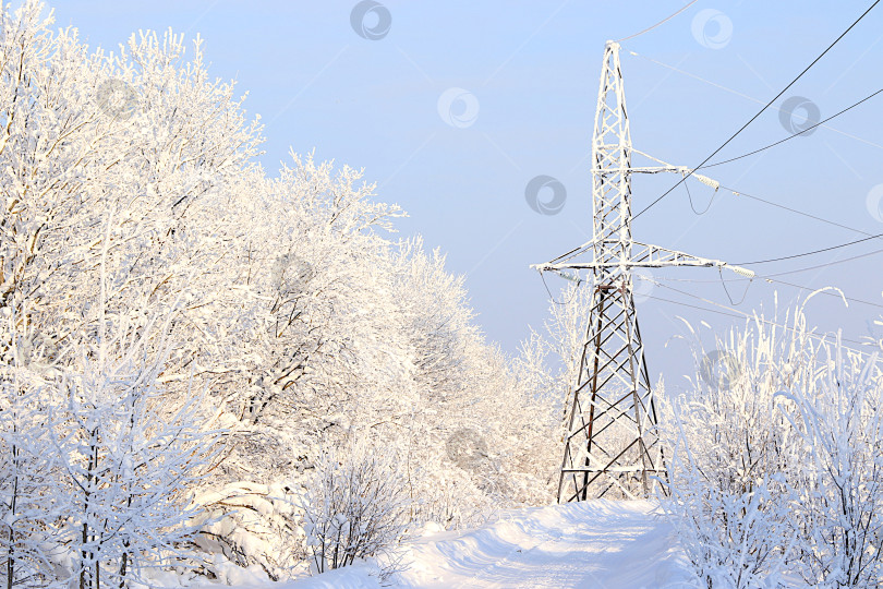 Скачать Зимний пейзаж Центральной России.Сказочно красивые деревья в толстом слое инея и снега в сильный мороз и высоковольтная вышка.Красивая зимняя пригласительная открытка для туристов. фотосток Ozero