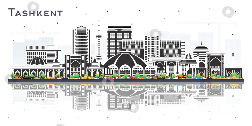 Скачать Городской пейзаж Ташкента, Узбекистан, с цветными зданиями, выделяющимися на белом фоне. Иллюстрация. Городской пейзаж Ташкента с достопримечательностями. Концепция деловых поездок и туризма с исторической архитектурой. фотосток Ozero