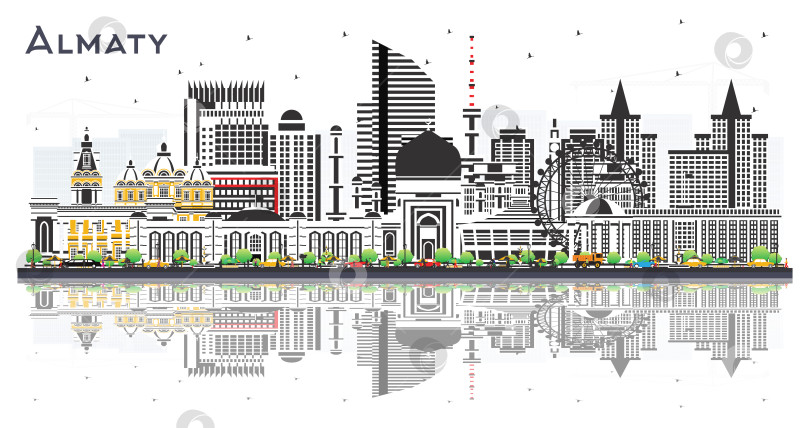 Скачать Горизонт города Алматы, Казахстан, с цветными зданиями, выделенными на белом фоне. Иллюстрация. Городской пейзаж Алматы с достопримечательностями. Концепция деловых поездок и туризма в сочетании с современной архитектурой. фотосток Ozero