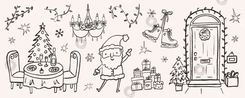 Скачать Праздничный рождественский рисунок в стиле дудл с украшенным праздничным столом, танцующим Сантой, подвешенными коньками и входной дверью, обрамленной гирляндами. Подарки, елки и гирлянды создают уютное праздничное настроение. фотосток Ozero
