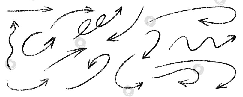 Скачать Набор изогнутых стрелок Crayon doodle. Векторный эскиз углем с динамическими указателями для выделения заметок, пользовательского интерфейса навигации и инфографики презентации. Вычерченные линии, завитки и волны создают набор маркерных стрелок фотосток Ozero