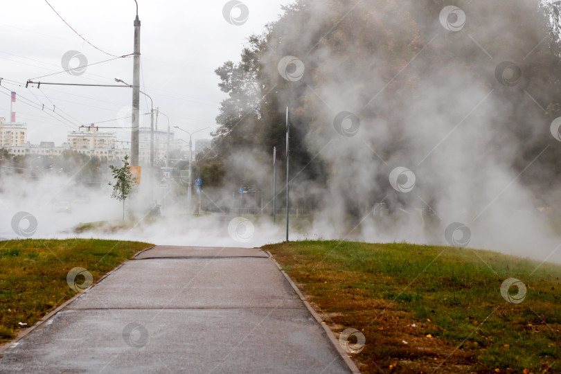 Скачать Заполненный паром парк, жутковатая атмосфера с заброшенными скамейками и туманным окружением фотосток Ozero