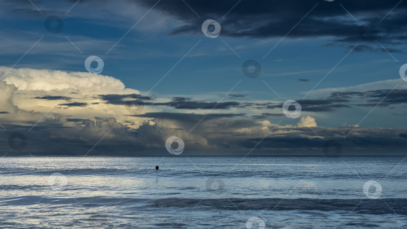Скачать Морской пейзаж на рассвете. Облака на голубом небе подсвечены золотистым светом. фотосток Ozero