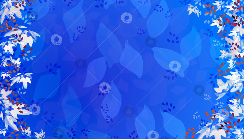 Скачать Абстрактный красочный природный фон. На синем фоне по краям расположены маленькие белые и красные листья. На заднем плане расположены большие и маленькие листья синих оттенков. Скопируйте пространство. Иллюстрация. фотосток Ozero