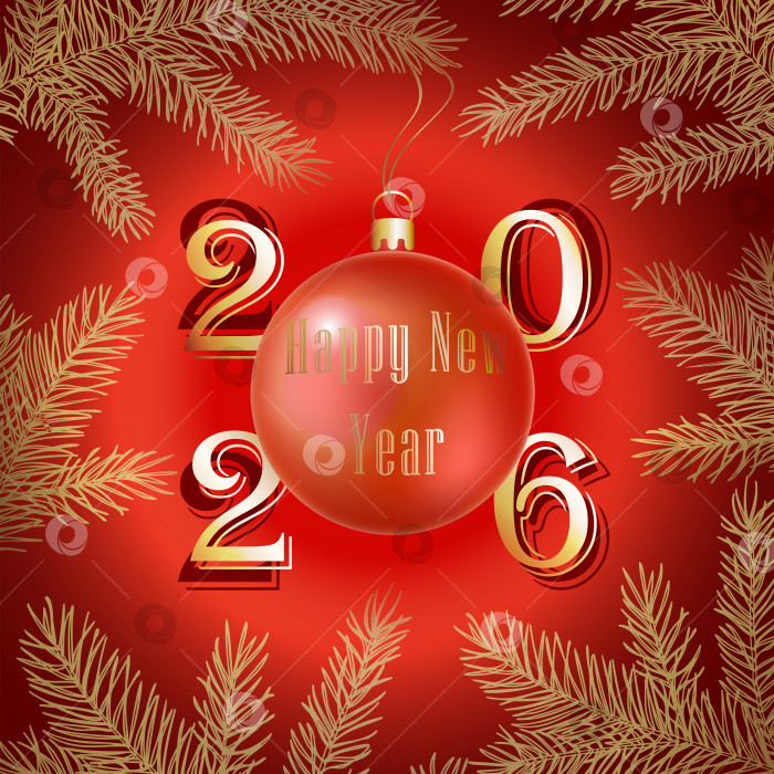 Скачать Новогодняя открытка на красном фоне с шаром и ветками рождественской елки. фотосток Ozero