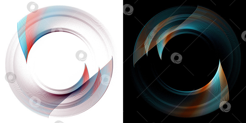 Скачать Полосатые красно - синие абстрактные круглые рамки на черном и белом фонах образованы дугообразными слоистыми плоскостями. Иконка, логотип, символ, вывеска. Набор. 3D-рендеринг. 3D-иллюстрация. фотосток Ozero