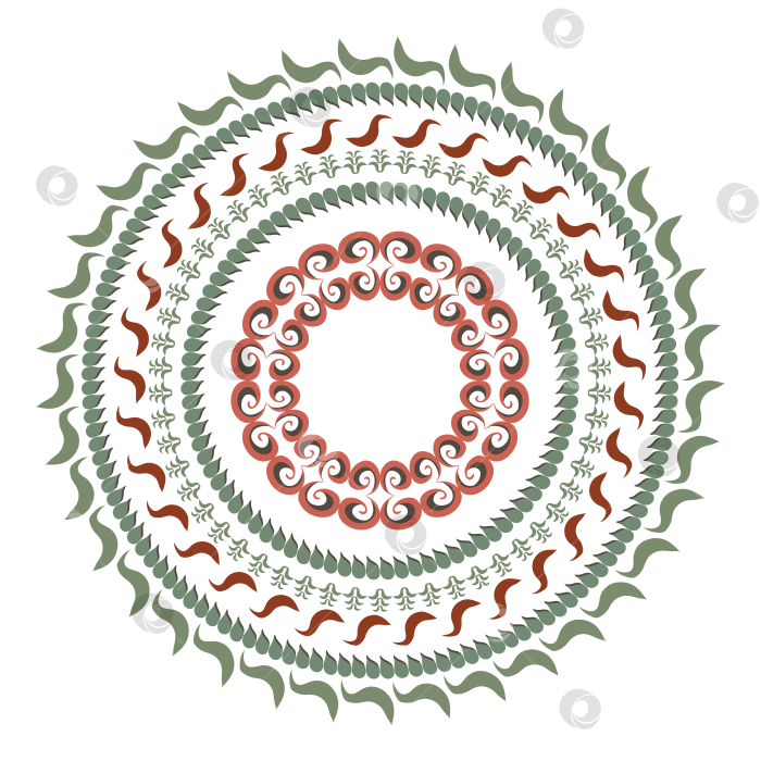 Скачать Круг с этническим рисунком, включающим стилизованные листья, уточек, завитки для печати на одежде, наклейках, веб-сайтах. фотосток Ozero