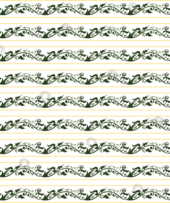 Скачать Маленькие и крупные листья, бутоны в древнерусском стиле образуют горизонтальный орнамент в бесшовном исполнении. фотосток Ozero