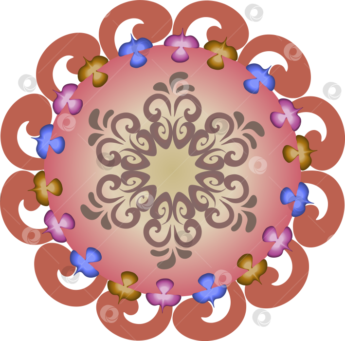 Скачать Нежные градиентные элементы, неравномерно расположенные по кругу, напоминают птиц, окруженных узорами из завитков для печати на одежде, наклейках, веб-сайтах, открытках. фотосток Ozero