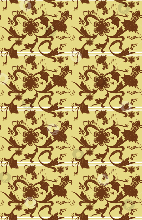 Скачать Крупные цветы разной структуры, изогнутые листья, плоды на тонких витых конструкциях образуют векторный бесшовный узор в стиле древнерусской росписи. фотосток Ozero