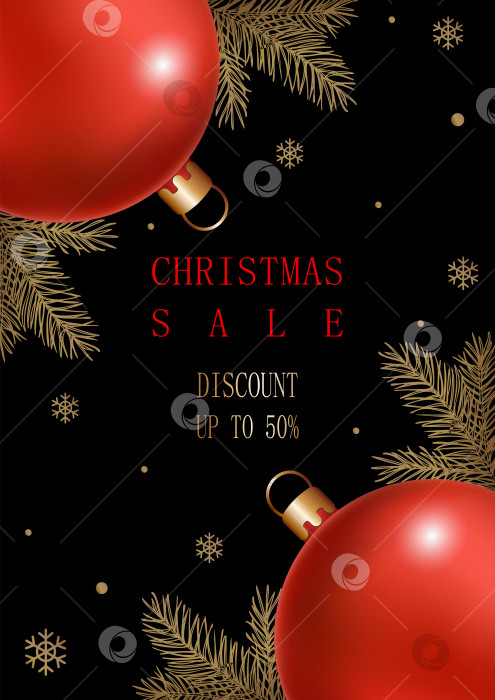 Скачать Шаблон рождественской распродажи с красными шарами, еловыми ветками и снежинками на черном фоне. фотосток Ozero