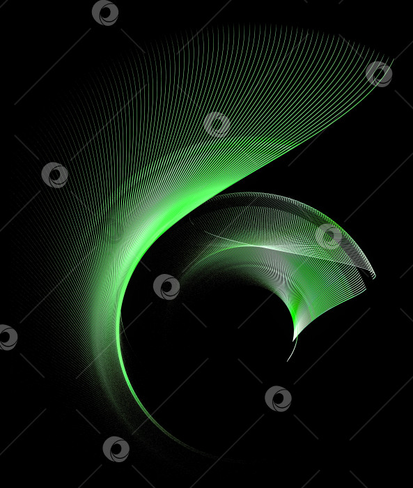 Скачать Дугообразная плоскость в зеленую полоску и плоскость, похожая на крыло, расположены слоями на черном фоне. Иконка, логотип, символ, вывеска. 3D-рендеринг. 3D-иллюстрация. фотосток Ozero