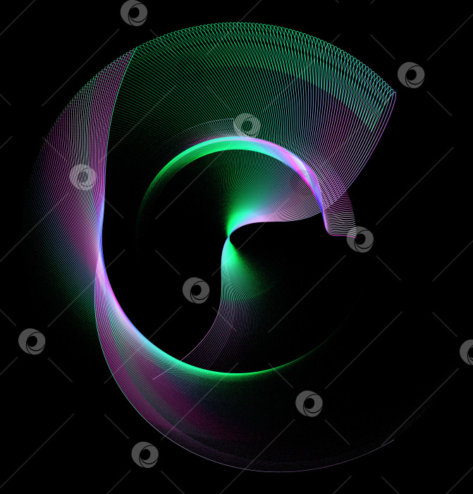 Скачать Абстрактный пропеллер в зелено- фиолетовую полоску на черном фоне. Иконка, логотип, символ, вывеска. 3D-рендеринг. 3D-иллюстрация. фотосток Ozero