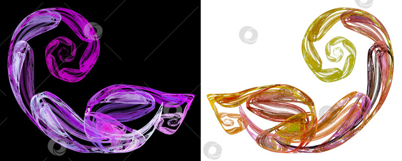 Скачать Фиолетовые и желто-розовые спиральные узоры на черном и белом фоне. Имитация акварельной живописи. Элементы графического дизайна. Набор. 3D-рендеринг. 3D-иллюстрация. фотосток Ozero
