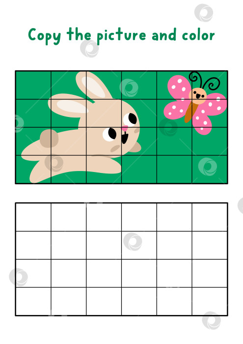 Скачать Скопируйте картинку и раскрасьте. Нарисуй кролика. Практикум по рисованию и раскрашиванию Пасхи в векторном формате. Весеннее праздничное занятие для детей с кроликом, ловящим бабочку. фотосток Ozero