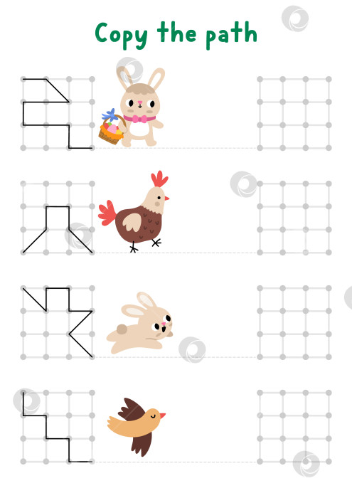 Скачать Пасхальное занятие по рисованию, письму, обводке, ориентированию в пространстве для детей с традиционными персонажами. Нарисуйте линии в квадратной рамке в соответствии с примером. Весенняя праздничная игра для печати с кроликом, курицей, птицей фотосток Ozero