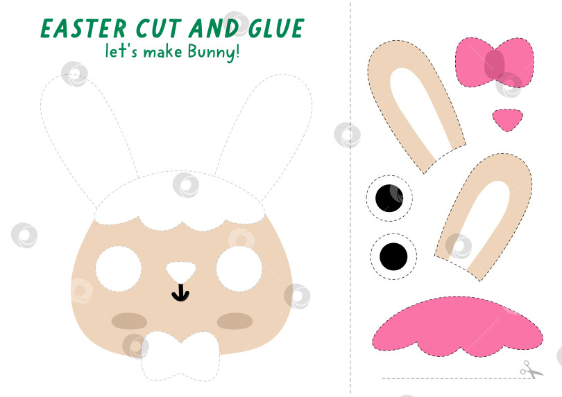 Скачать Давайте вырежем и приклеим мордочку кролика. Пасхальная обучающая игра-крафтинг в традиционном стиле. Найдите недостающие детали. Векторная страница для печати на весенний праздник для детей с изображением милой головы зайца с бантом фотосток Ozero