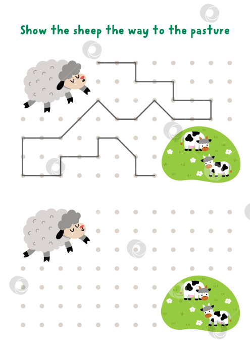 Скачать Занятия по рисованию пасхальной деревни, письму, обводке, ориентированию в пространстве для детей с овцами, идущими на фермерское поле с коровами. Нарисуйте линии в поле в соответствии с примером. Игра-головоломка для печати на весенний праздник фотосток Ozero