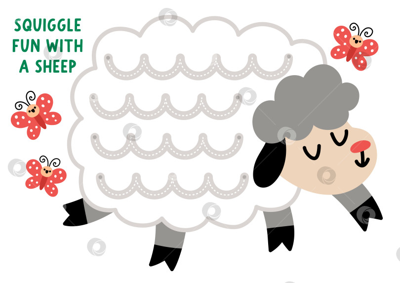 Скачать Векторный пасхальный рабочий лист для отработки рукописного ввода в форме овцы с закорючками для шерстяного узора. Занятие для дошкольников, пригодное для печати. Весенняя праздничная игра в рисование с сельскохозяйственными животными фотосток Ozero