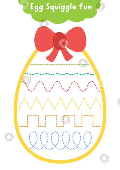 Скачать Векторный пасхальный лист для отработки рукописного ввода в форме раскрашенного яйца с закорючками в качестве украшения. Занятие для дошкольников по рисованию для печати. Игра для отслеживания весенних праздников фотосток Ozero