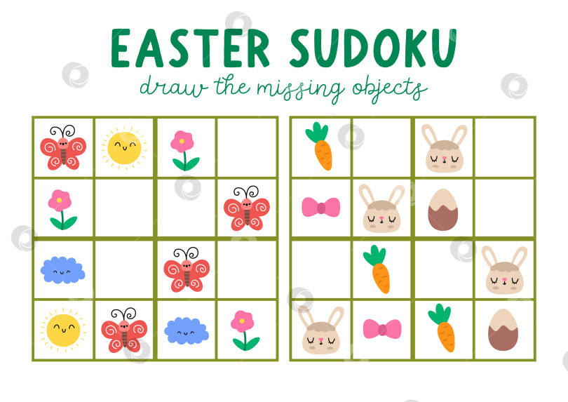 Скачать Векторная пасхальная деревенская головоломка-судоку для детей с картинками. Викторина с кроликом, шоколадным яйцом, морковкой, цветком, облаком, солнцем. Весеннее праздничное мероприятие с традиционным символом. Нарисуйте недостающий объект фотосток Ozero