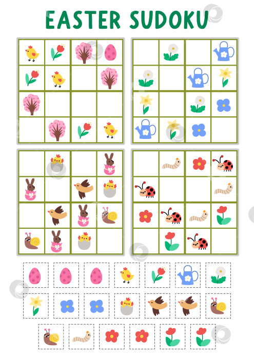 Скачать Векторная пасхальная деревенская головоломка-судоку для детей с картинками. Простая весенняя викторина с элементами вырезания и склеивания. Развивающее занятие с шоколадным кроликом, яйцом, цыпленком, цветком. Нарисуйте недостающие объекты фотосток Ozero