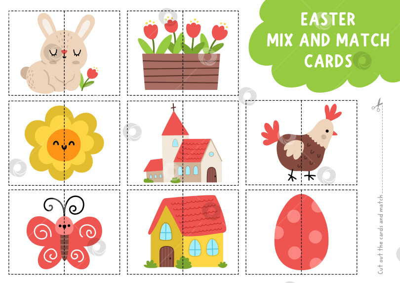 Скачать Векторная пасхальная головоломка. Развивающие занятия для дошкольников с символикой праздника. Весенняя игра для печати с кроликом, цветным яйцом, тюльпанами, бабочкой, курицей, загородным домом, цветком, церковью фотосток Ozero