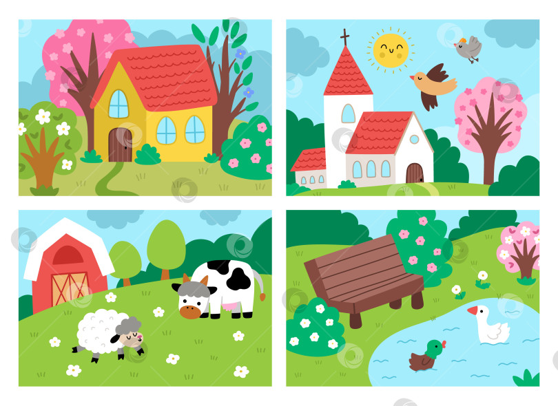 Скачать Векторный набор горизонтальных пейзажей пасхальной деревни. Пейзажи сельской природы с часовней, фермерским полем, домом с садом, прудом со скамейкой. Фон весеннего праздника для детей с церковью, цветущими деревьями, солнцем фотосток Ozero