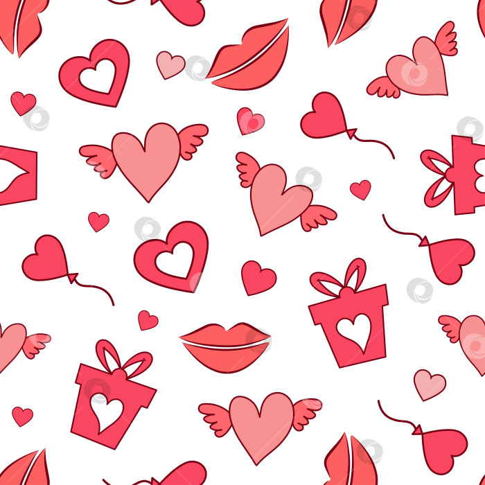 Скачать Фоновый узор с сердечками, губами и подарками в красном и розовом цветах для торжественных случаев и торжеств фотосток Ozero