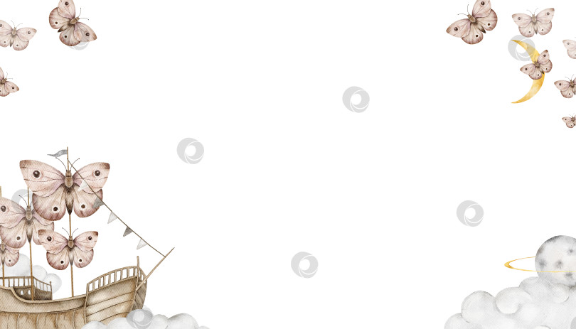 Скачать иллюстрированная рамка с деревянным корабликом, украшенным бабочками и флагами, облаками, летающими бабочками, полумесяцем и планетой. Подходит для объявления о рождении ребенка, приглашения, упаковки или планировщика фотосток Ozero