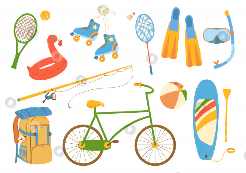 Скачать Большой набор предметов для пляжного отдыха и летних развлечений на свежем воздухе. Велосипед, роликовые коньки, sup-доска, походный рюкзак, маска для дайвинга и ласты, бадминтон, теннис, удочка. Плоская векторная иллюстрация, нарисованная от руки фотосток Ozero