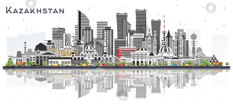 Скачать Городской пейзаж Казахстана с цветными зданиями, выделяющимися на белом фоне. Иллюстрация. Концепция с современной архитектурой. Городской пейзаж Казахстана с достопримечательностями. Нур-Султан и Алматы. фотосток Ozero