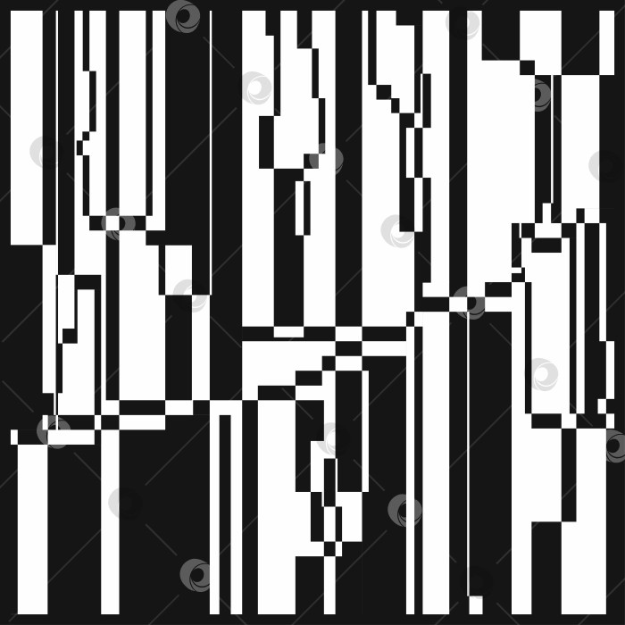 Скачать Фон с причудливыми клетчатыми пикселями и эффектом глюка. Абстрактный узор с ошибкой. Перемотка видеокассеты или отсутствие сигнала на экране телевизора. Композиция с черными и белыми вертикальными полосами, прямоугольными колоннами. Вектор фотосток Ozero